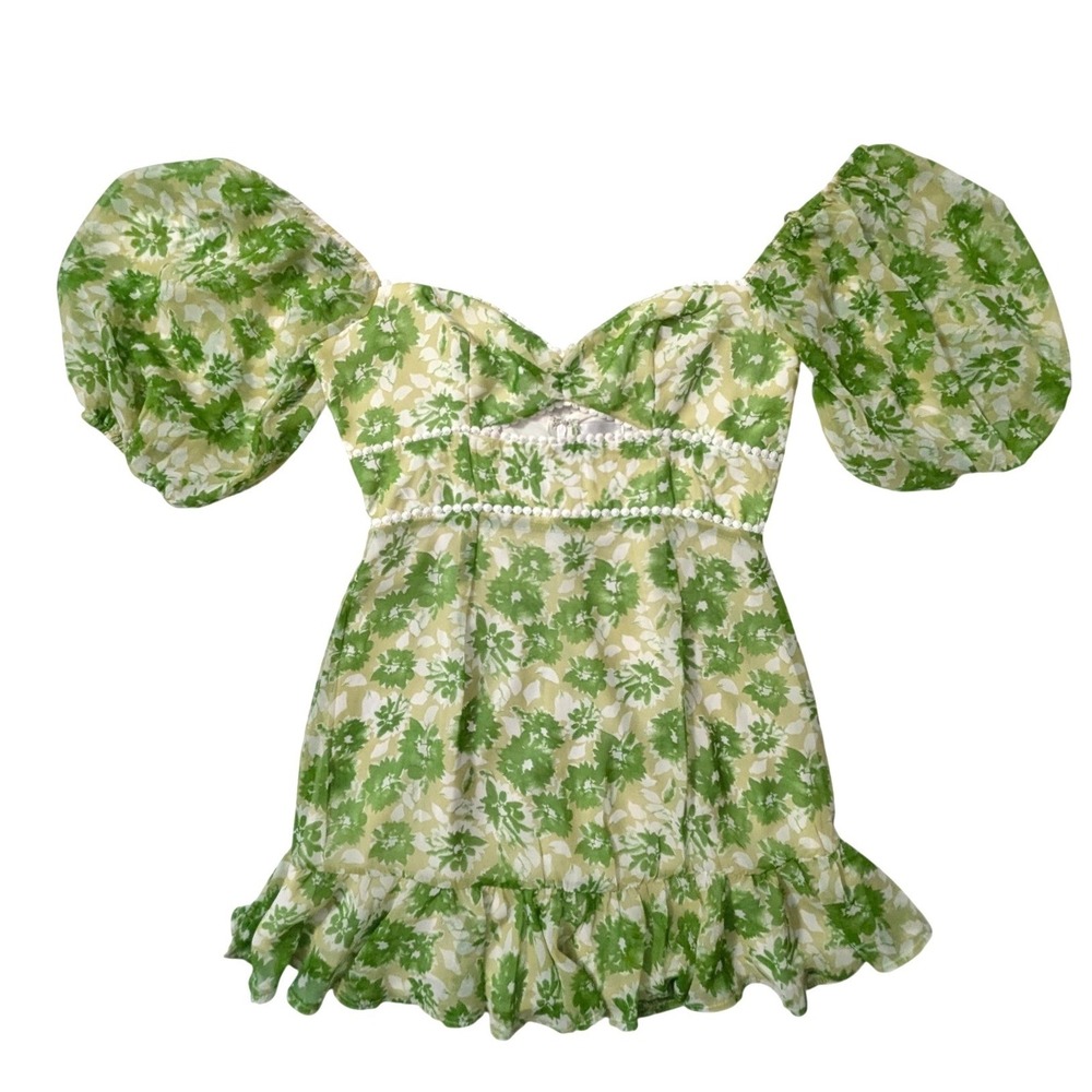Hello Molly Drinking Games Dress Green Floral Puff Sleeve Mini Cutout Size 8 - Picture 3 of 13
